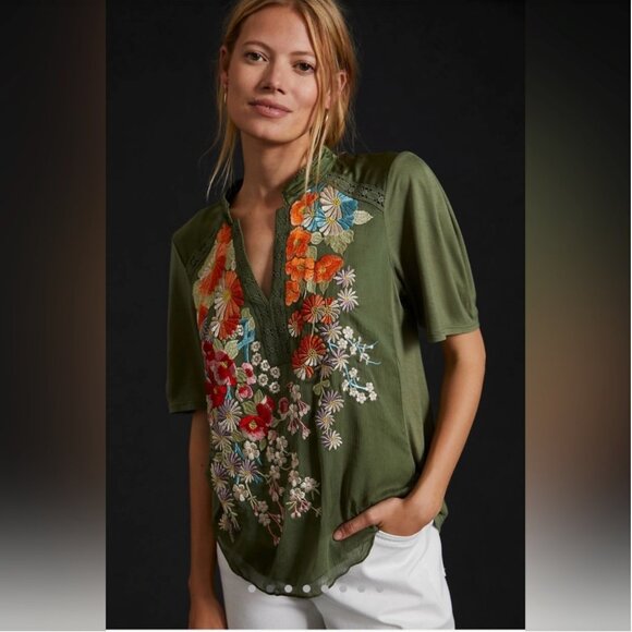 Anthropologie - Tiny Eliana Embroidered Half Sleeve Top - Green Size M - Picture 6 of 6